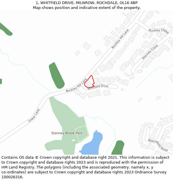 1, WHITFIELD DRIVE, MILNROW, ROCHDALE, OL16 4BP: Location map and indicative extent of plot