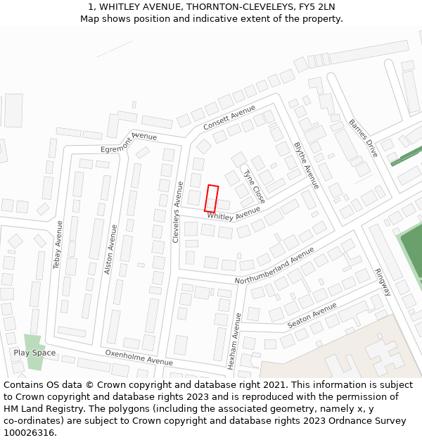 1, WHITLEY AVENUE, THORNTON-CLEVELEYS, FY5 2LN: Location map and indicative extent of plot