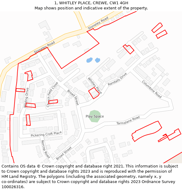 1, WHITLEY PLACE, CREWE, CW1 4GH: Location map and indicative extent of plot