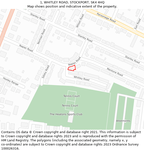 1, WHITLEY ROAD, STOCKPORT, SK4 4HQ: Location map and indicative extent of plot