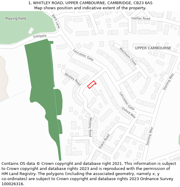 1, WHITLEY ROAD, UPPER CAMBOURNE, CAMBRIDGE, CB23 6AS: Location map and indicative extent of plot