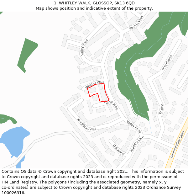1, WHITLEY WALK, GLOSSOP, SK13 6QD: Location map and indicative extent of plot