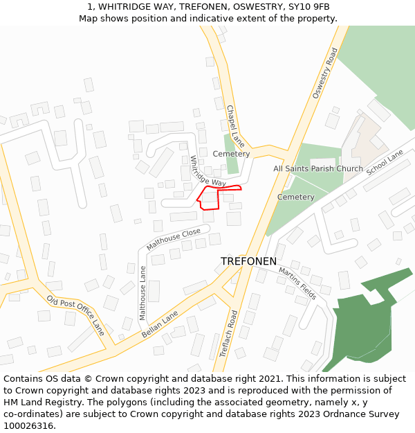 1, WHITRIDGE WAY, TREFONEN, OSWESTRY, SY10 9FB: Location map and indicative extent of plot