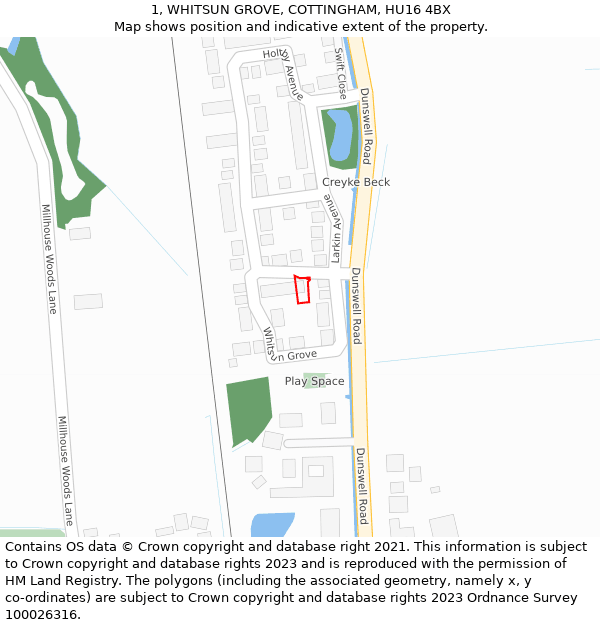 1, WHITSUN GROVE, COTTINGHAM, HU16 4BX: Location map and indicative extent of plot