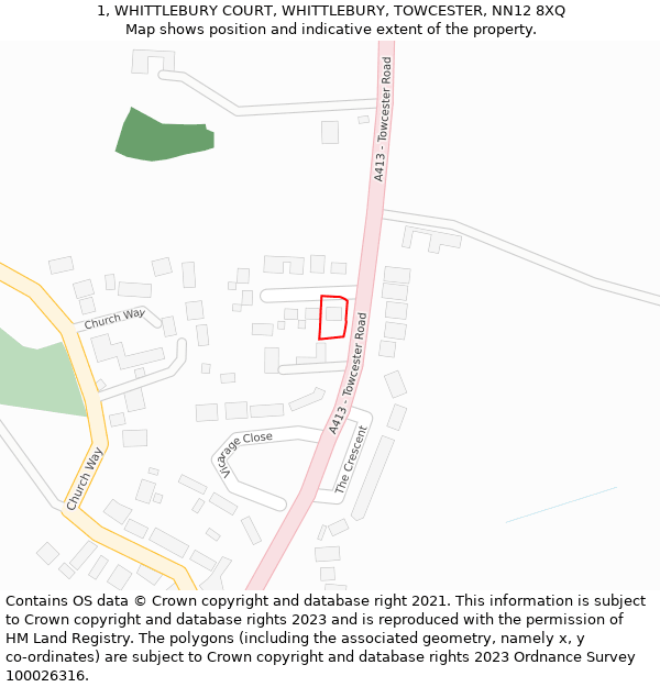 1, WHITTLEBURY COURT, WHITTLEBURY, TOWCESTER, NN12 8XQ: Location map and indicative extent of plot