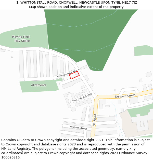 1, WHITTONSTALL ROAD, CHOPWELL, NEWCASTLE UPON TYNE, NE17 7JZ: Location map and indicative extent of plot