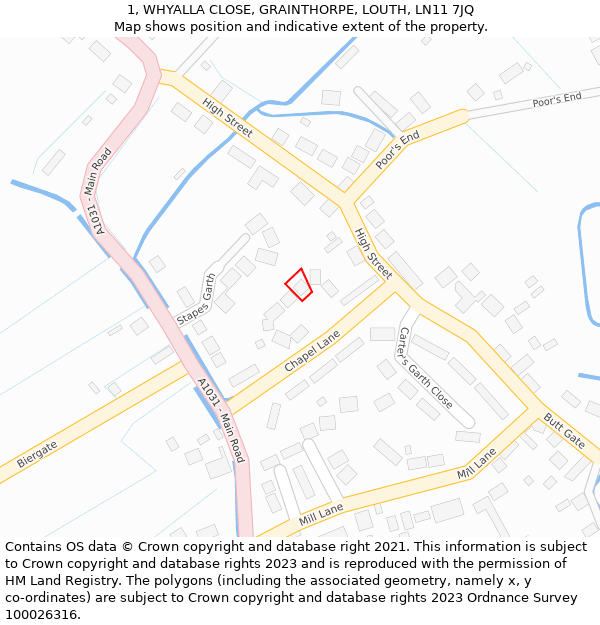 1, WHYALLA CLOSE, GRAINTHORPE, LOUTH, LN11 7JQ: Location map and indicative extent of plot