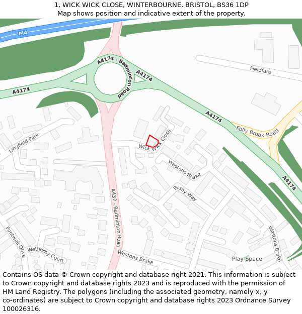 1, WICK WICK CLOSE, WINTERBOURNE, BRISTOL, BS36 1DP: Location map and indicative extent of plot