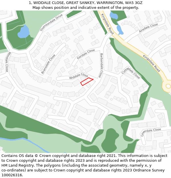 1, WIDDALE CLOSE, GREAT SANKEY, WARRINGTON, WA5 3GZ: Location map and indicative extent of plot