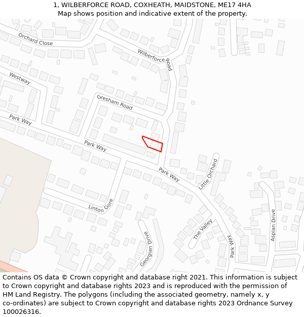 1, WILBERFORCE ROAD, COXHEATH, MAIDSTONE, ME17 4HA: Location map and indicative extent of plot