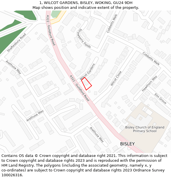 1, WILCOT GARDENS, BISLEY, WOKING, GU24 9DH: Location map and indicative extent of plot