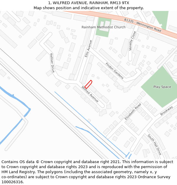 1, WILFRED AVENUE, RAINHAM, RM13 9TX: Location map and indicative extent of plot