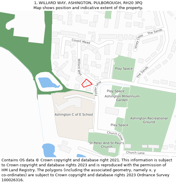 1, WILLARD WAY, ASHINGTON, PULBOROUGH, RH20 3PQ: Location map and indicative extent of plot