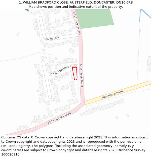 1, WILLIAM BRADFORD CLOSE, AUSTERFIELD, DONCASTER, DN10 6RB: Location map and indicative extent of plot