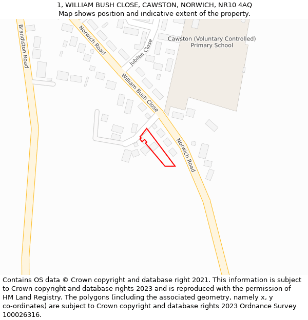 1, WILLIAM BUSH CLOSE, CAWSTON, NORWICH, NR10 4AQ: Location map and indicative extent of plot