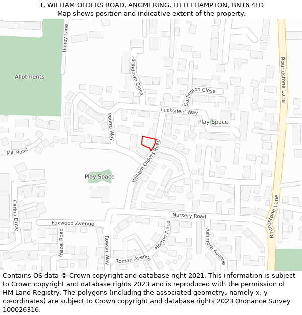 1, WILLIAM OLDERS ROAD, ANGMERING, LITTLEHAMPTON, BN16 4FD: Location map and indicative extent of plot