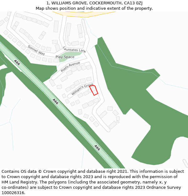 1, WILLIAMS GROVE, COCKERMOUTH, CA13 0ZJ: Location map and indicative extent of plot