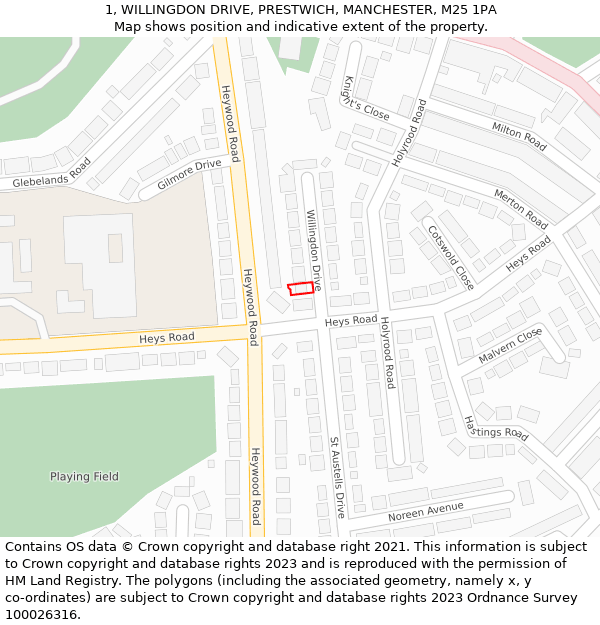 1, WILLINGDON DRIVE, PRESTWICH, MANCHESTER, M25 1PA: Location map and indicative extent of plot