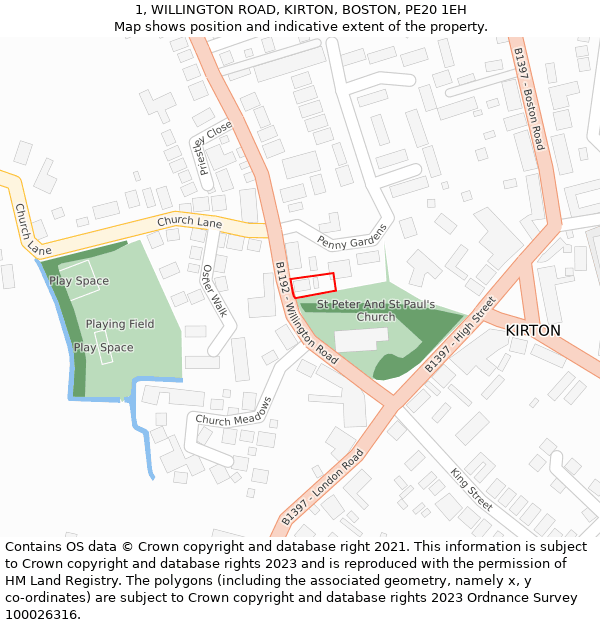 1, WILLINGTON ROAD, KIRTON, BOSTON, PE20 1EH: Location map and indicative extent of plot