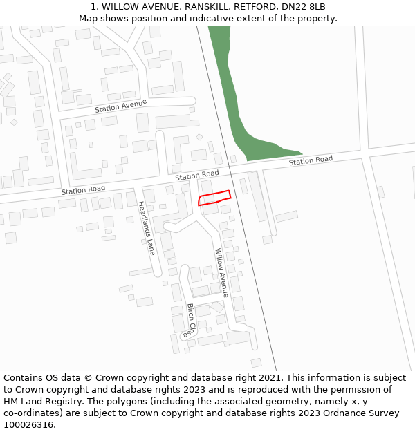 1, WILLOW AVENUE, RANSKILL, RETFORD, DN22 8LB: Location map and indicative extent of plot