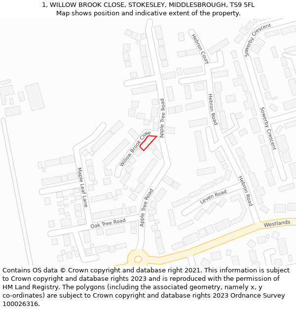 1, WILLOW BROOK CLOSE, STOKESLEY, MIDDLESBROUGH, TS9 5FL: Location map and indicative extent of plot