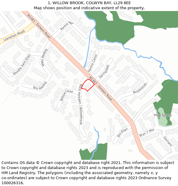 1, WILLOW BROOK, COLWYN BAY, LL29 8EE: Location map and indicative extent of plot