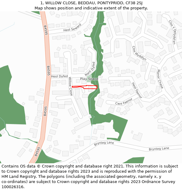 1, WILLOW CLOSE, BEDDAU, PONTYPRIDD, CF38 2SJ: Location map and indicative extent of plot