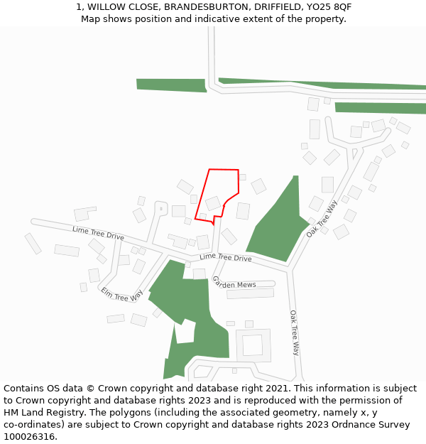 1, WILLOW CLOSE, BRANDESBURTON, DRIFFIELD, YO25 8QF: Location map and indicative extent of plot