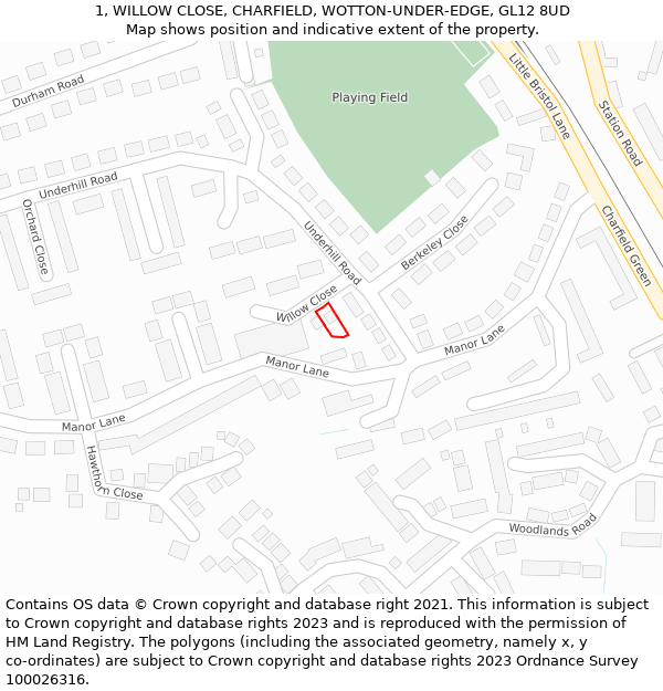 1, WILLOW CLOSE, CHARFIELD, WOTTON-UNDER-EDGE, GL12 8UD: Location map and indicative extent of plot