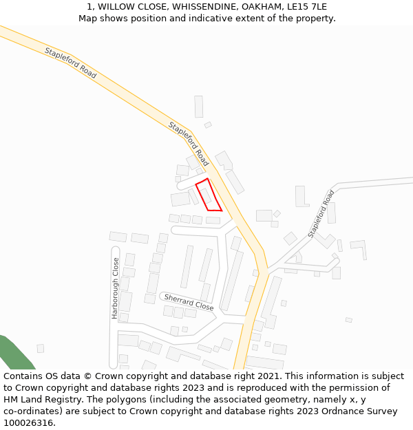 1, WILLOW CLOSE, WHISSENDINE, OAKHAM, LE15 7LE: Location map and indicative extent of plot
