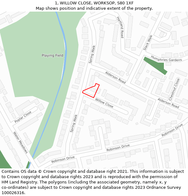 1, WILLOW CLOSE, WORKSOP, S80 1XF: Location map and indicative extent of plot