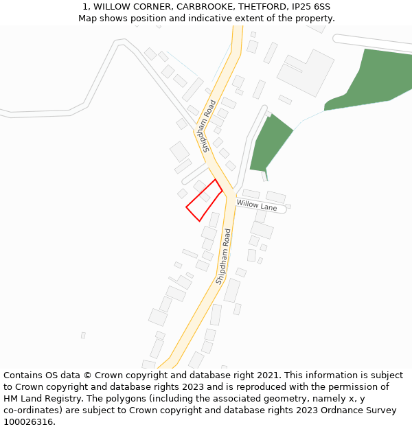 1, WILLOW CORNER, CARBROOKE, THETFORD, IP25 6SS: Location map and indicative extent of plot
