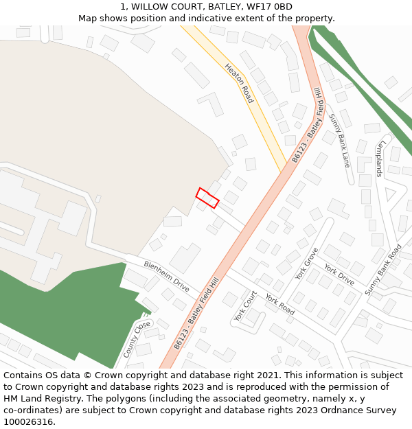 1, WILLOW COURT, BATLEY, WF17 0BD: Location map and indicative extent of plot