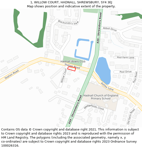 1, WILLOW COURT, HADNALL, SHREWSBURY, SY4 3EJ: Location map and indicative extent of plot