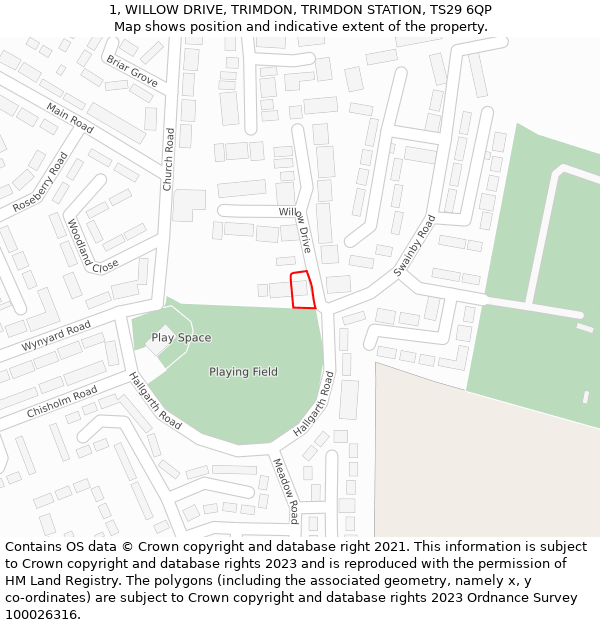 1, WILLOW DRIVE, TRIMDON, TRIMDON STATION, TS29 6QP: Location map and indicative extent of plot