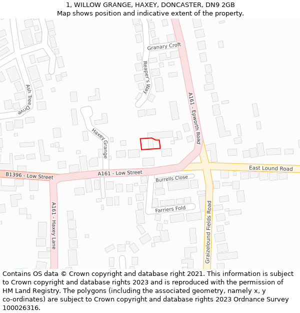 1, WILLOW GRANGE, HAXEY, DONCASTER, DN9 2GB: Location map and indicative extent of plot