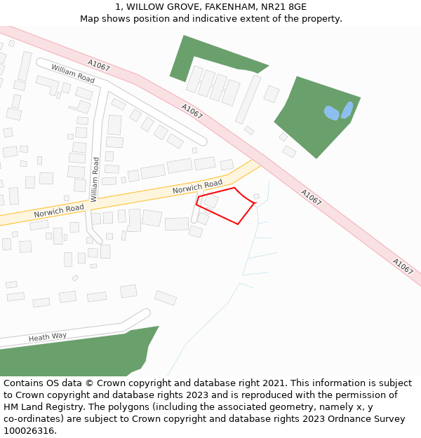 1, WILLOW GROVE, FAKENHAM, NR21 8GE: Location map and indicative extent of plot