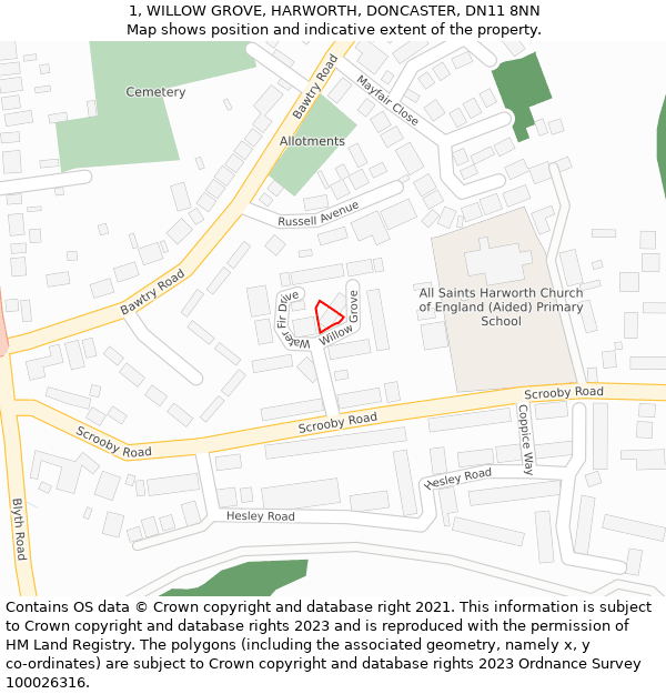 1, WILLOW GROVE, HARWORTH, DONCASTER, DN11 8NN: Location map and indicative extent of plot