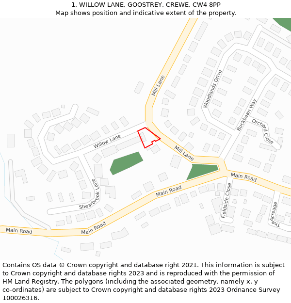 1, WILLOW LANE, GOOSTREY, CREWE, CW4 8PP: Location map and indicative extent of plot