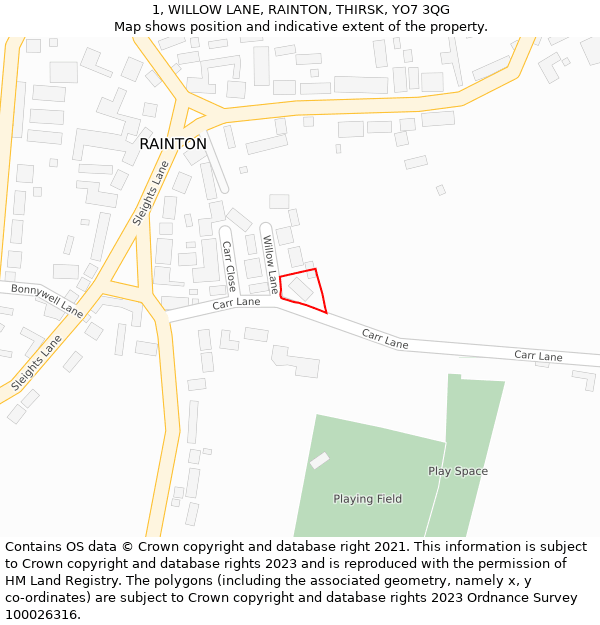 1, WILLOW LANE, RAINTON, THIRSK, YO7 3QG: Location map and indicative extent of plot