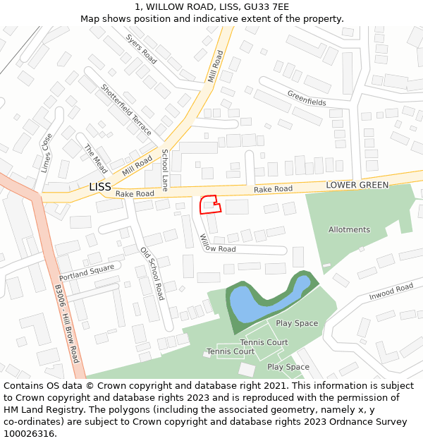 1, WILLOW ROAD, LISS, GU33 7EE: Location map and indicative extent of plot