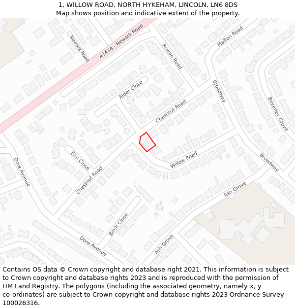 1, WILLOW ROAD, NORTH HYKEHAM, LINCOLN, LN6 8DS: Location map and indicative extent of plot