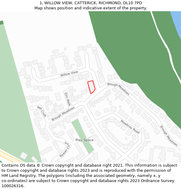 1, WILLOW VIEW, CATTERICK, RICHMOND, DL10 7PD: Location map and indicative extent of plot