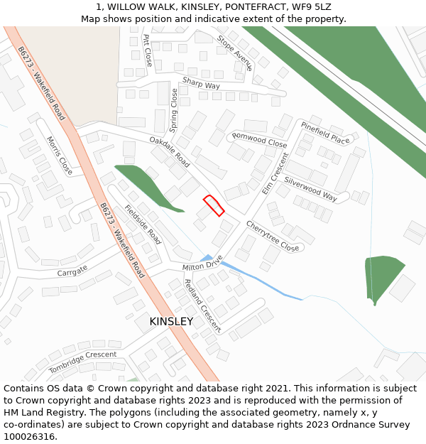 1, WILLOW WALK, KINSLEY, PONTEFRACT, WF9 5LZ: Location map and indicative extent of plot