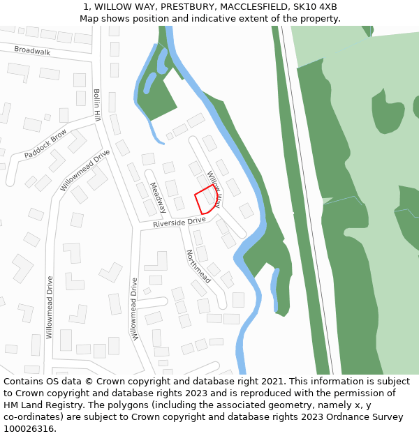 1, WILLOW WAY, PRESTBURY, MACCLESFIELD, SK10 4XB: Location map and indicative extent of plot