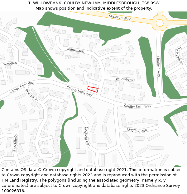 1, WILLOWBANK, COULBY NEWHAM, MIDDLESBROUGH, TS8 0SW: Location map and indicative extent of plot