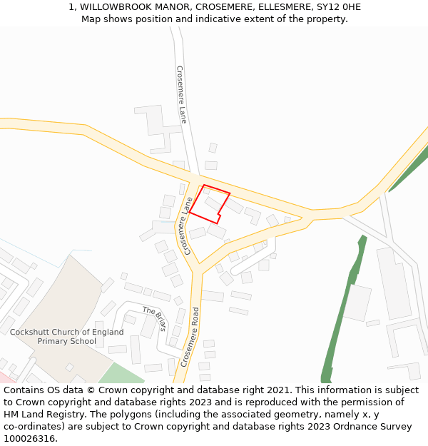 1, WILLOWBROOK MANOR, CROSEMERE, ELLESMERE, SY12 0HE: Location map and indicative extent of plot