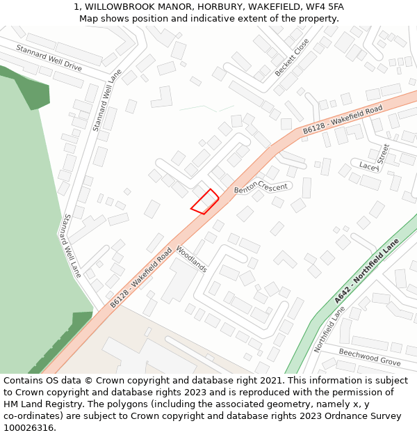 1, WILLOWBROOK MANOR, HORBURY, WAKEFIELD, WF4 5FA: Location map and indicative extent of plot