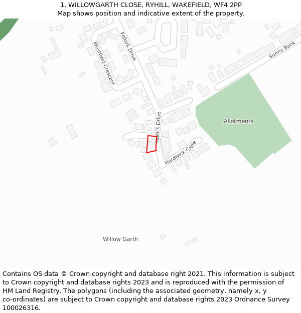 1, WILLOWGARTH CLOSE, RYHILL, WAKEFIELD, WF4 2PP: Location map and indicative extent of plot