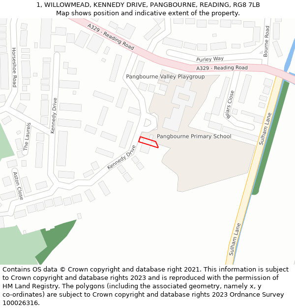 1, WILLOWMEAD, KENNEDY DRIVE, PANGBOURNE, READING, RG8 7LB: Location map and indicative extent of plot